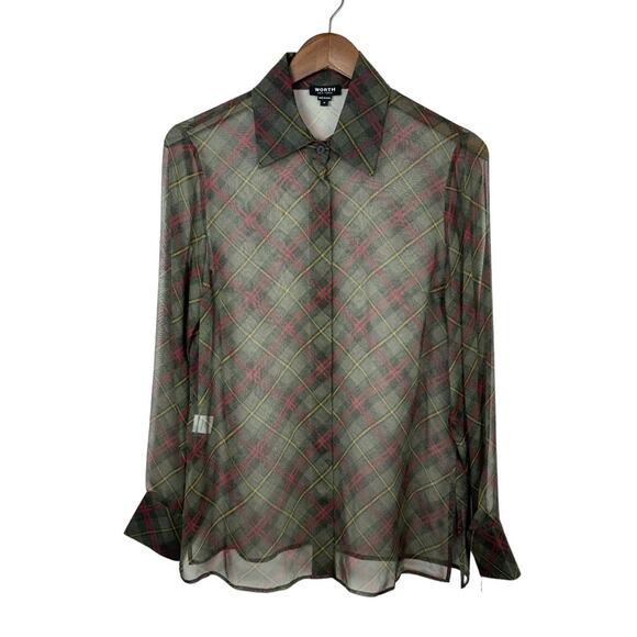 Worth New York | NWT Green Tartan Plaid 100% Silk Long Sleeve Button Down Blouse - Picture 3 of 14